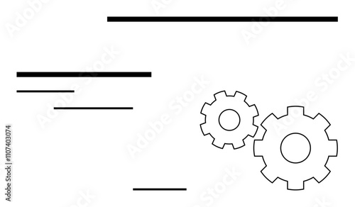 Technical blueprint featuring two gears and multiple horizontal line elements. Ideal for engineering, mechanical design, industrial planning, technical documentation, software development, process