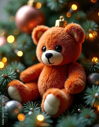 Wallpaper Mural Velvet christmas toy bear on festive tree with holiday ornaments - perfect for seasonal decor Torontodigital.ca