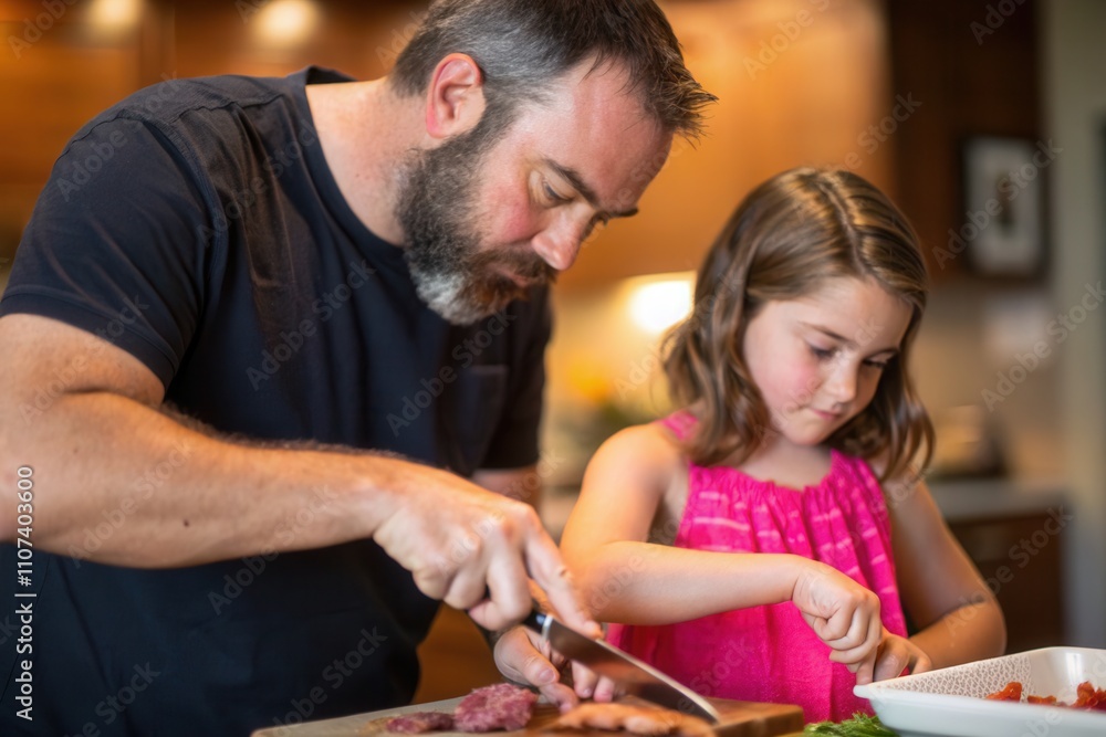 A father and his young daughter are preparing a meal in their warm kitchen. The man skillfully slices meat while the girl focuses on chopping vegetables, showcasing their bonding time over cooking. A father and his young daughter are preparing a meal in their warm kitchen. The man skillfully slices meat while the girl focuses on chopping vegetables, showcasing their bonding time over cooking.