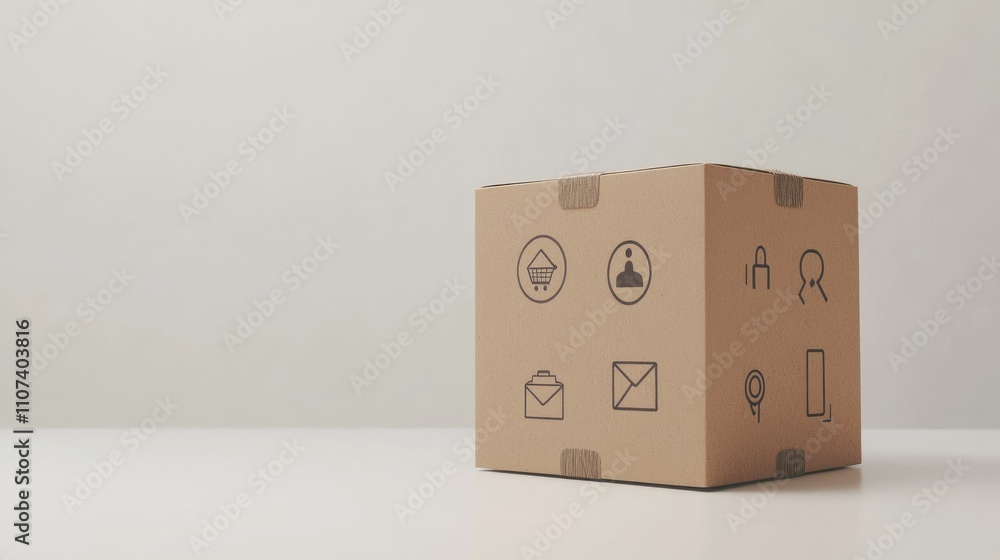 Obraz premium A cardboard box with various icons representing delivery and communication.