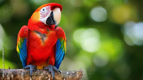 Close-up of a scarlet macaw (Ara macao) sitting on a tree branch. Cancun, Mexico