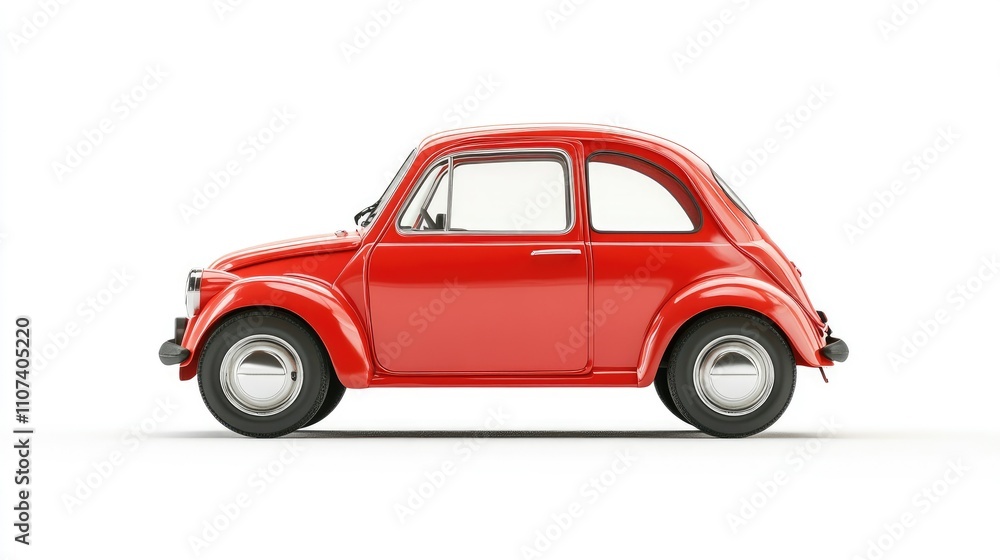 A classic red car in profile view, showcasing its vintage design and compact size. A classic red car in profile view, showcasing its vintage design and compact size.
