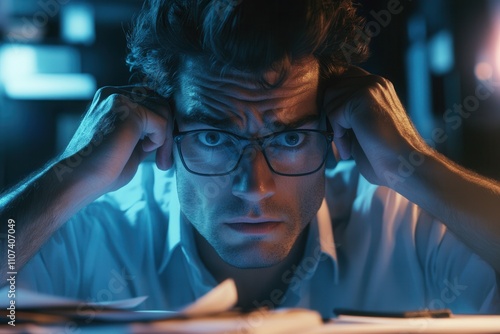 A man wearing glasses displays a stressed expression while working late at night. He is surrounded by a cluttered workspace, highlighting the intense atmosphere and the pressure of deadlines in a diml photo