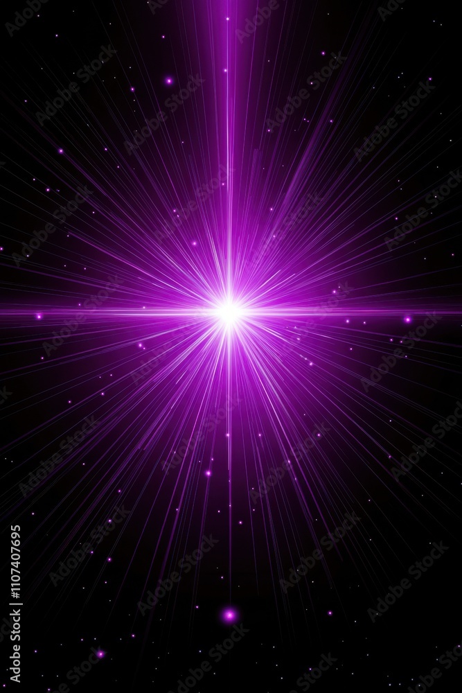 Fototapeta premium Vibrant purple light burst radiating from a central source, surrounded by shimmering stars against a black background.
