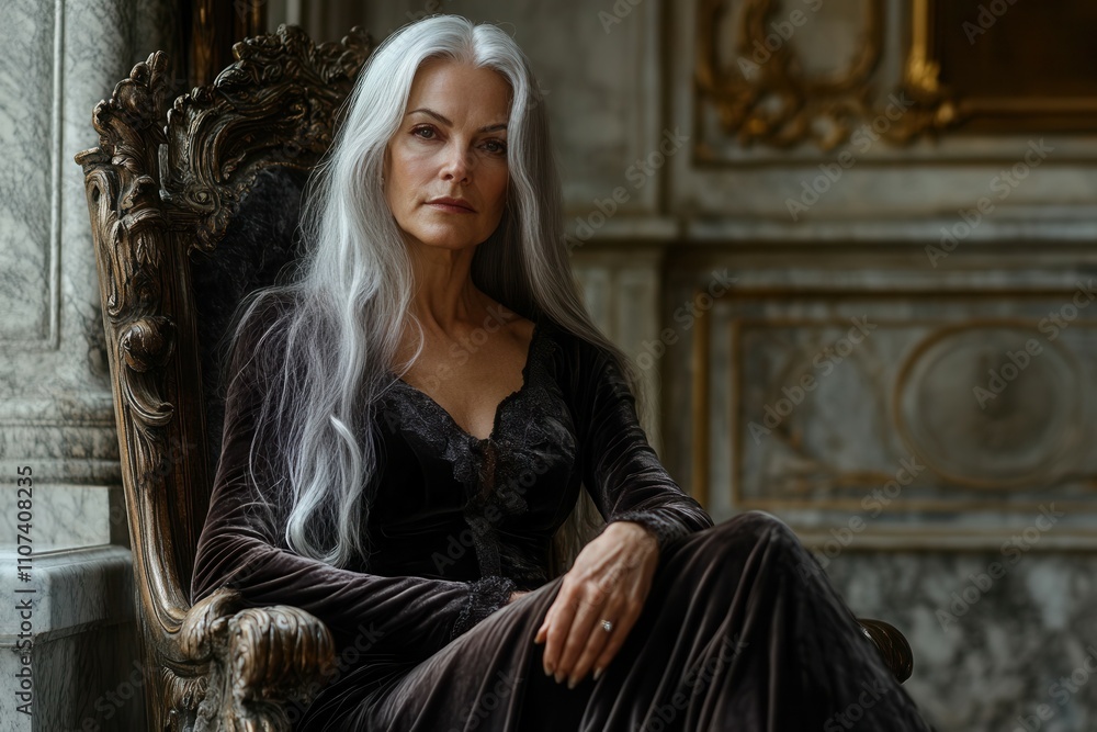 Fototapeta premium A woman with long gray hair sits in an ornate chair, exuding grace and confidence. Dressed in a dark velvet outfit, she gazes thoughtfully in an opulent setting characterized by rich textures and hist