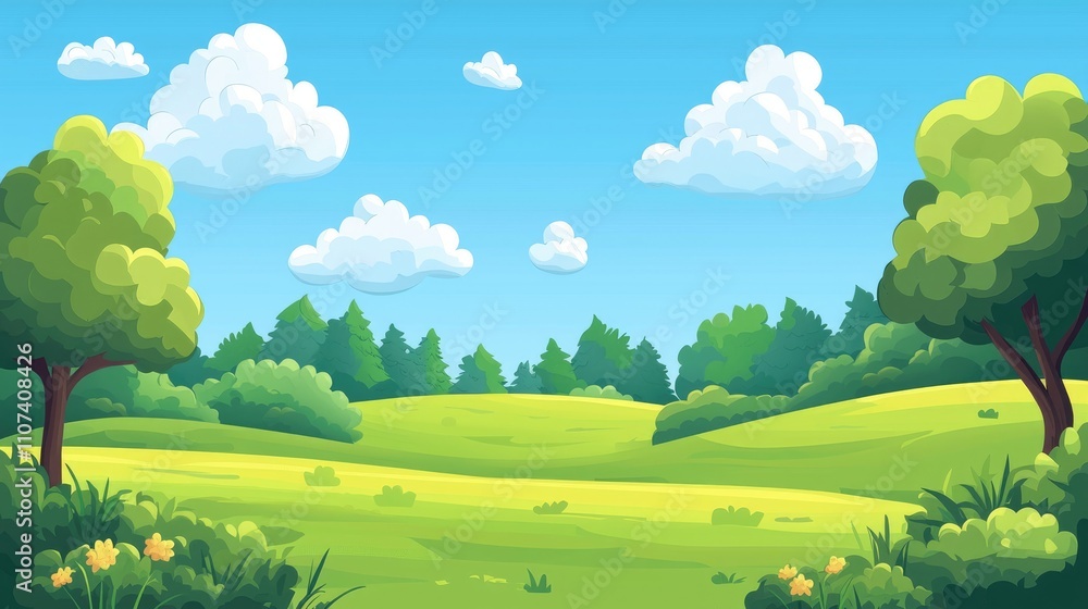 Obraz premium Cartoon Landscape with Green Trees and Rolling Hills under a Blue Sky with White Clouds