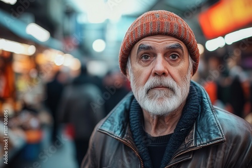 An elderly man with a beard and serious expression stands amidst a bustling market. Bright stalls filled with various goods create a lively atmosphere, while shoppers move about in the background on a