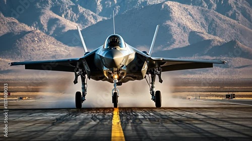 Vertical takeoff fighter jet A fighter jet performs a vertical takeoff, showcasing its advanced propulsion system. Its ability to lift off straight up is a game-changer in tactical aviation. photo