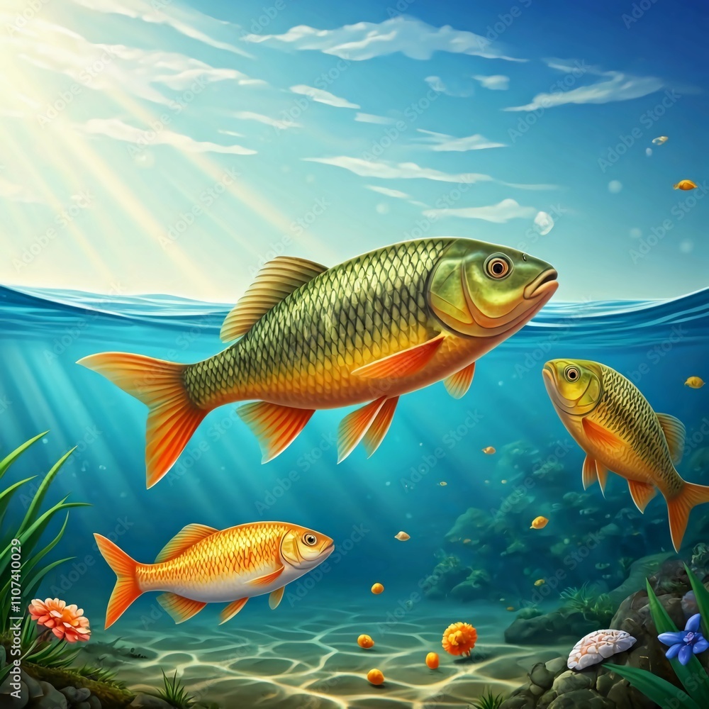 Fototapeta premium Fish in the water woith sun rays.