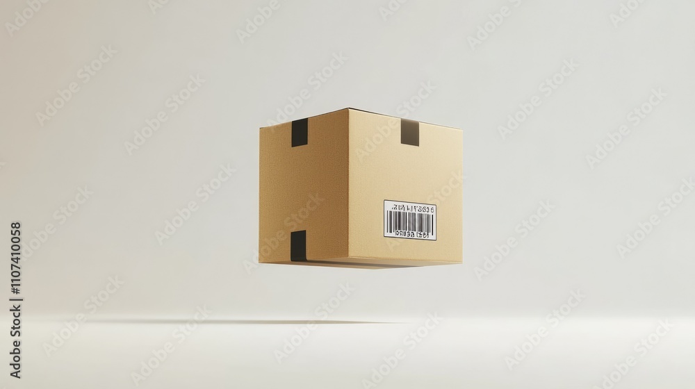 Obraz premium A floating cardboard box with a barcode, representing shipping and delivery services.