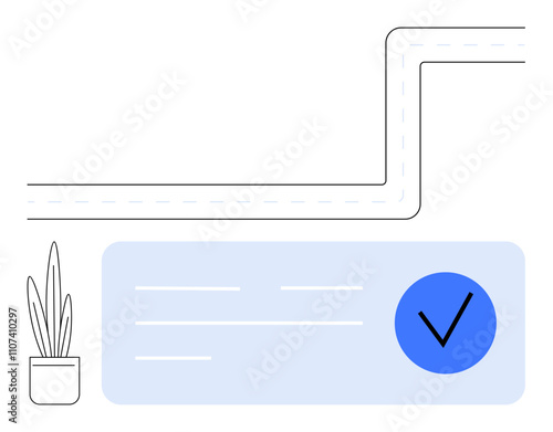 Road map winding into check mark box with check mark inside, potted plant on the side. Ideal for growth, achievement, success, planning, journey, roadmap checklist themes. Line metaphor