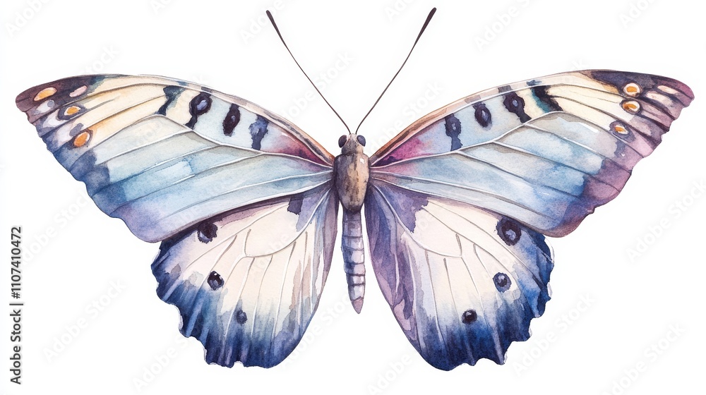 Obraz premium Beautiful Watercolor Butterfly, Blue and Purple Wings, Detailed Insect Illustration, Nature Artwork, Delicate Butterfly Print