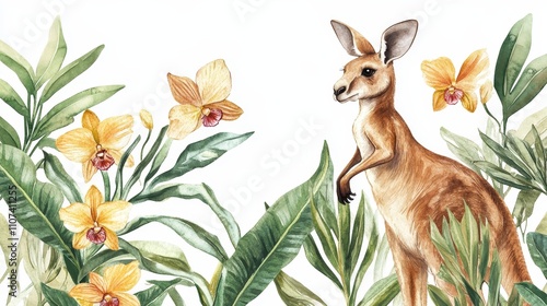 Hand Painted Kangaroo with Yellow Orchids, Botanical Watercolor Art, Wildlife Illustration, Charming Animal Graphic