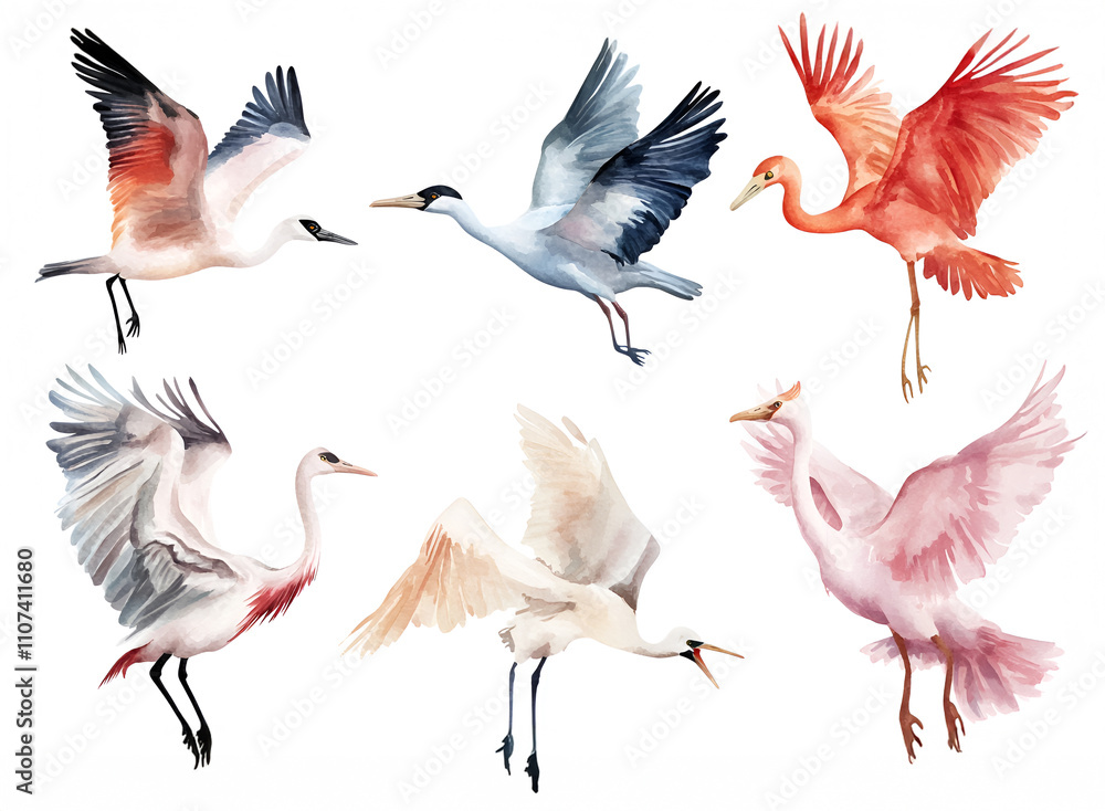 Obraz premium Multicolored storks with watercolor paints on a white background