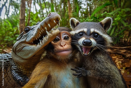 Cheerful monkey at the zoo takes a selfie with a happy raccoon and a colorful crocodile amidst lush greenery. The playful atmosphere captures their friendship and joy in nature. World Animal Day photo