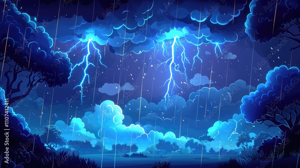 Fototapeta premium A Dark Forest Under a Thunderous Sky with Rain and Lightning