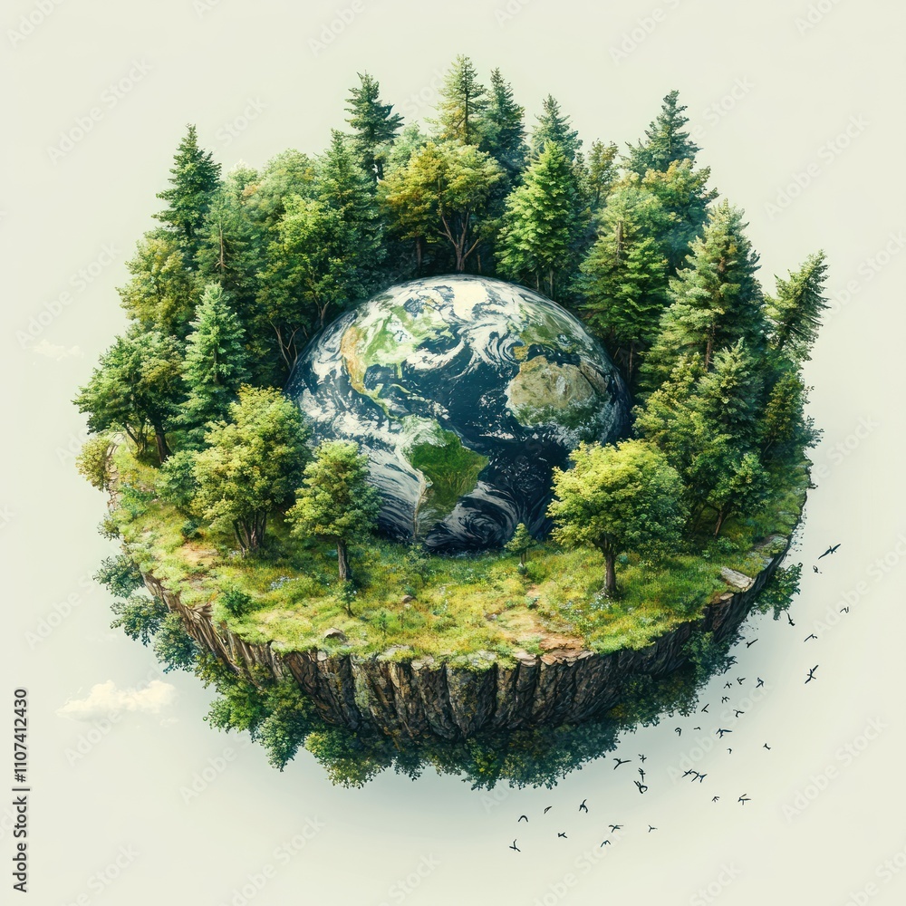 Earth surrounded by lush forest, birds flying. Earth surrounded by lush forest, birds flying.