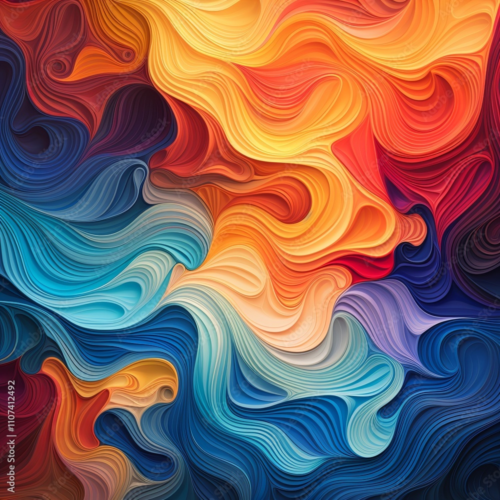 Fototapeta premium Colorful abstract flowing patterns in blue, orange, and red tones. Artistic wave design for wallpaper, poster, and banner.