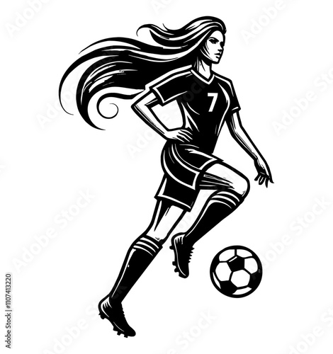 woman soccer engraving black and white outline