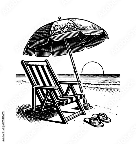 beach umbrella chair engraving black and white outline