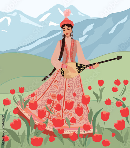 Vector image of a young girl in a Kazakh national costume with a dombra in her hands against photo