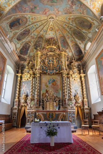 MORGEX, ITALY - JULY 14, 2018: The presbytery of church Chiesa di Santa Maria Assunta with the frescoes by Girollet from 18. cent.