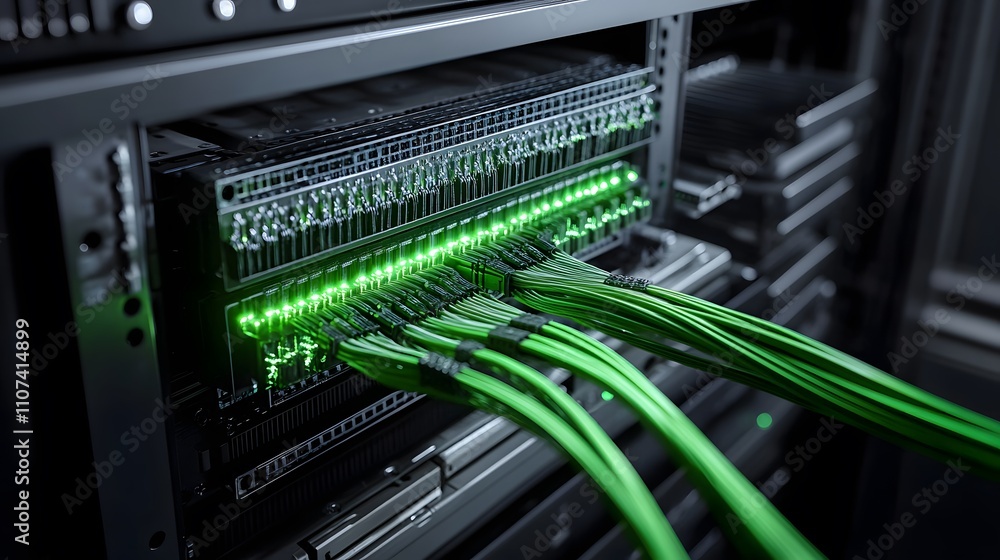 A large room with many computer servers and cables. The room is very dark and the cables are orange A large room with many computer servers and cables. The room is very dark and the cables are orange