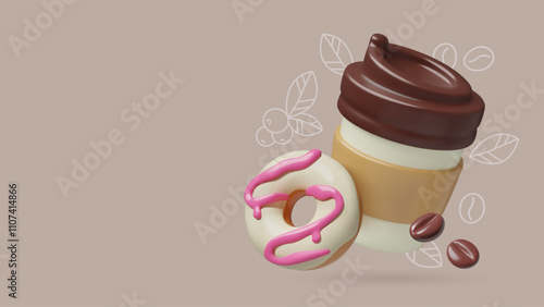 Paper coffee cup and donut 3d banner design. Cute realistic vector takeout food and drink poster with doodle drawings background and copy space.