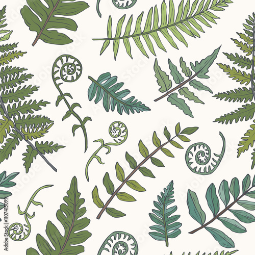 Hand drawn doodle fern branches seamless pattern