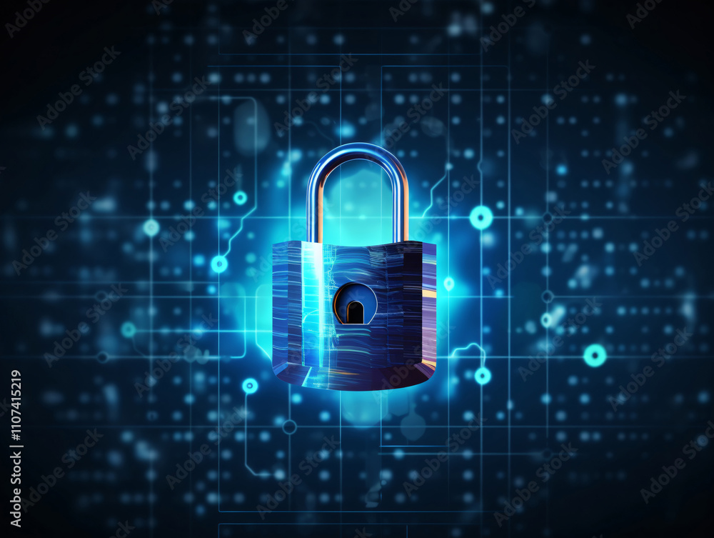 Blue lock icon in cyber network data stream background for security technology protection concept. Blue lock icon in cyber network data stream background for security technology protection concept.