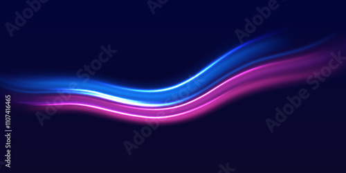 Speed police line. Laser beams, horizontal light rays. Magic shining neon light line trails. Purple glowing wave swirl. High speed effect motion blur night lights. Vector illustration EPS10