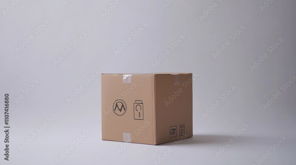 A plain cardboard box with minimalist icons, suggesting packaging for a product. A plain cardboard box with minimalist icons, suggesting packaging for a product.