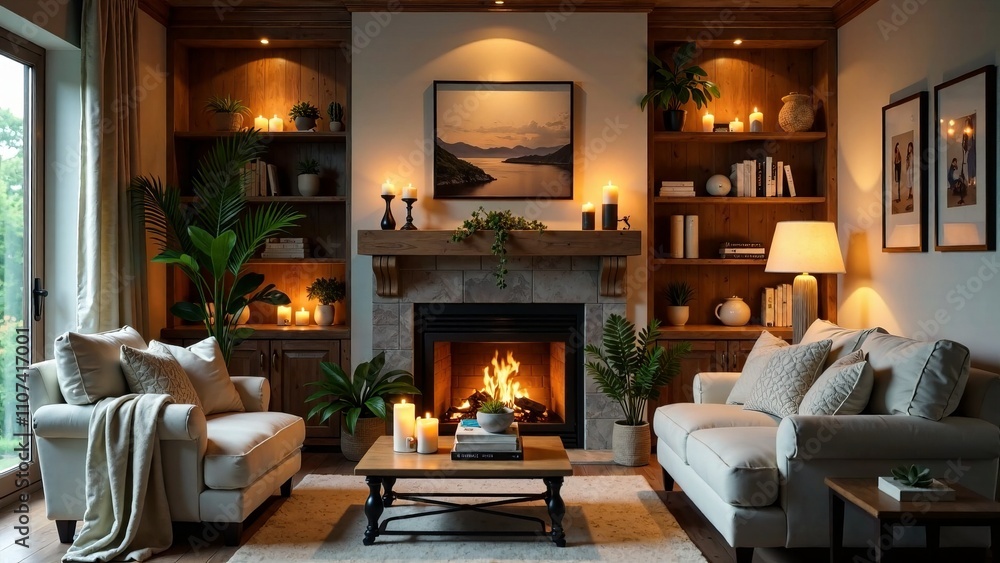 Cozy Fireplace Living Room, Candlelight Ambiance, AI Photo, Home Decor, Interior Design, Relaxing Scene Cozy Fireplace Living Room, Candlelight Ambiance, AI Photo, Home Decor, Interior Design, Relaxing Scene