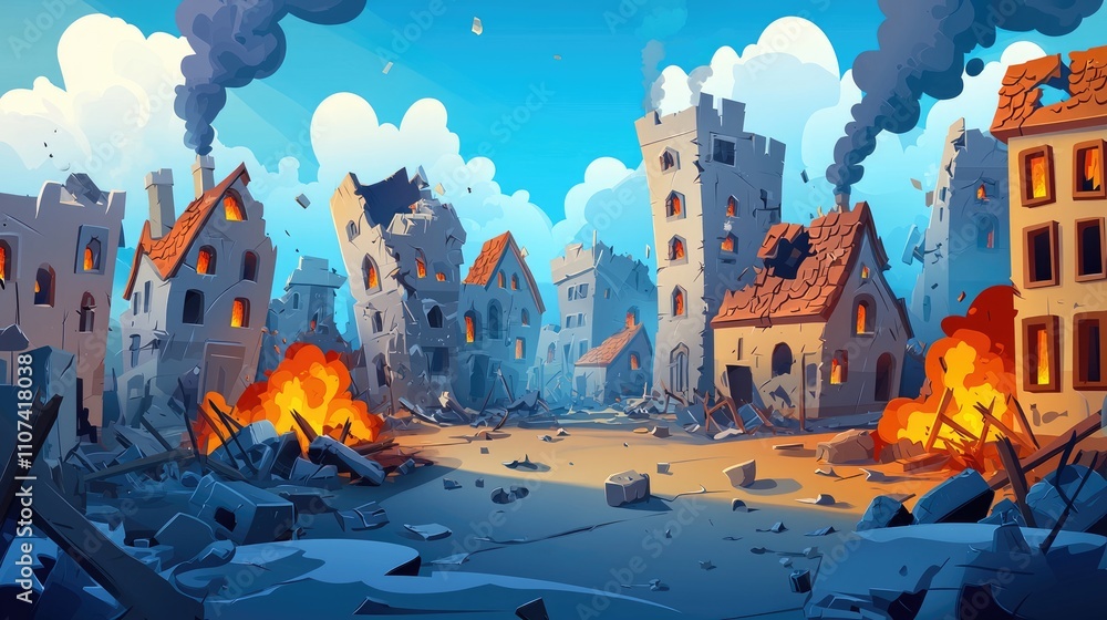 Obraz premium A Destroyed Medieval Town with Burning Buildings and Smoke in the Sky