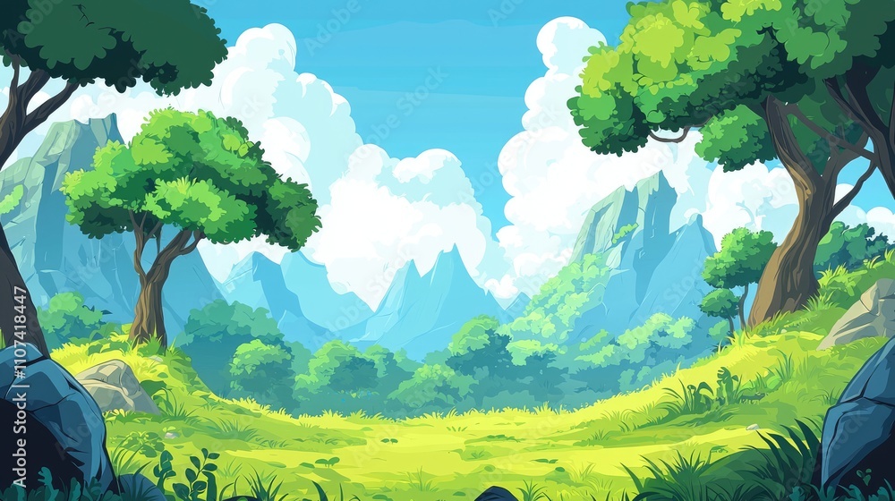 Lush Green Forest Clearing with Blue Mountains and White Clouds in a Cartoon Style