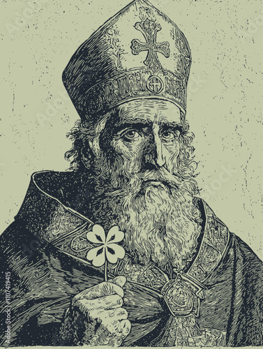 Saint Patrick holding a shamrock, engraving style, vector illustration.