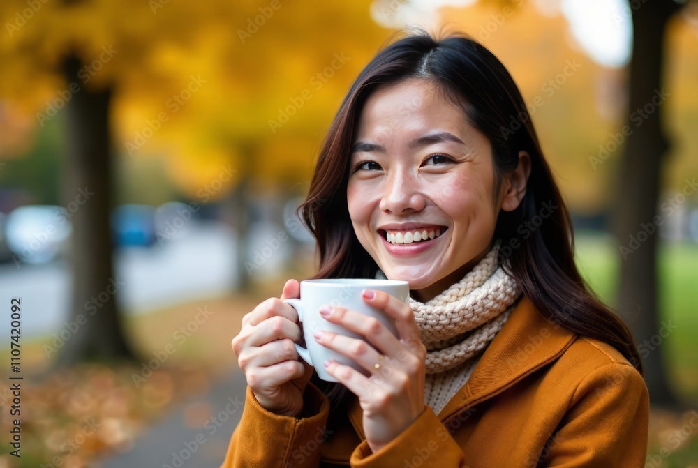 Smiling Woman with White Cup - Warm Beverage - Cozy Autumn Scene Smiling Woman with White Cup - Warm Beverage - Cozy Autumn Scene