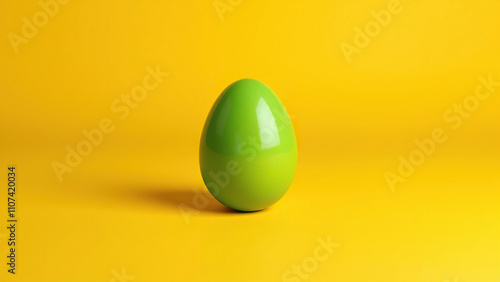 Minimal green Easter egg on bright yellow background flat lay,  springtime,  yellow