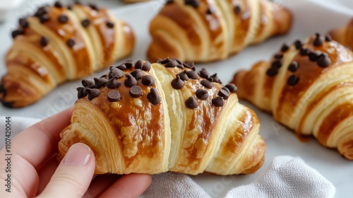 Croissant Cookies or Crookie, Trendy French Pastry, Hybrid of Croissant with Sweet Butter Cookies with Chocolate Drops Chip Dough