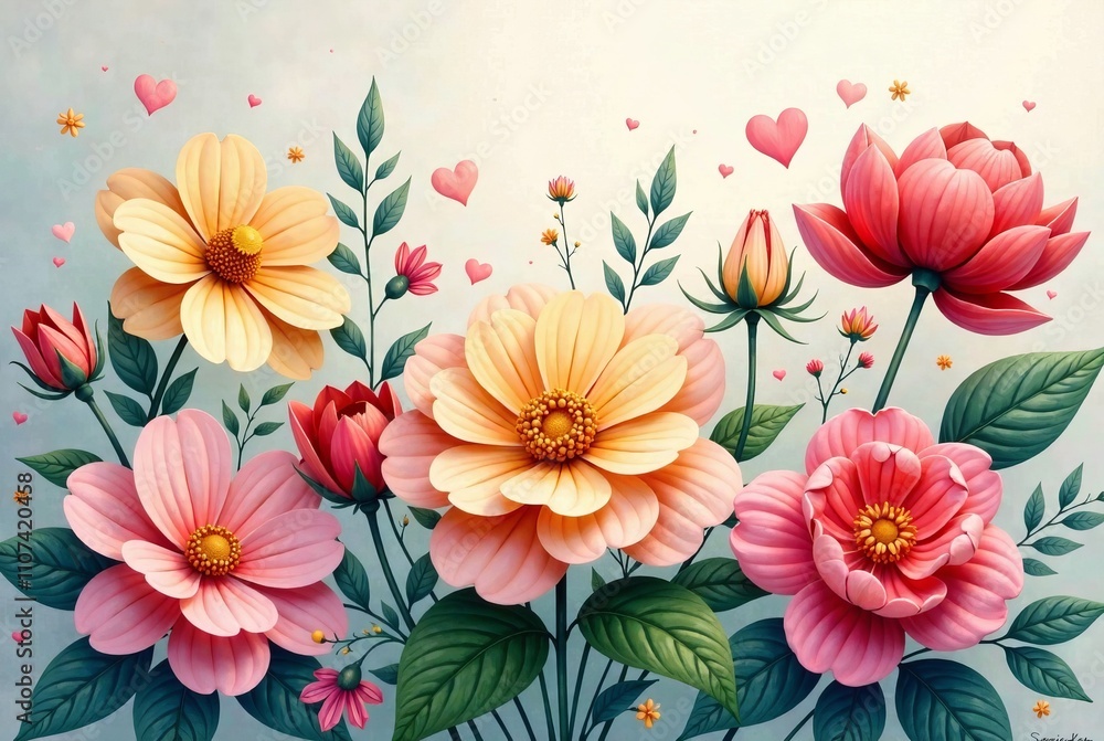 Fototapeta premium Vibrant Watercolor Floral Symmetry - Dreamy Garden