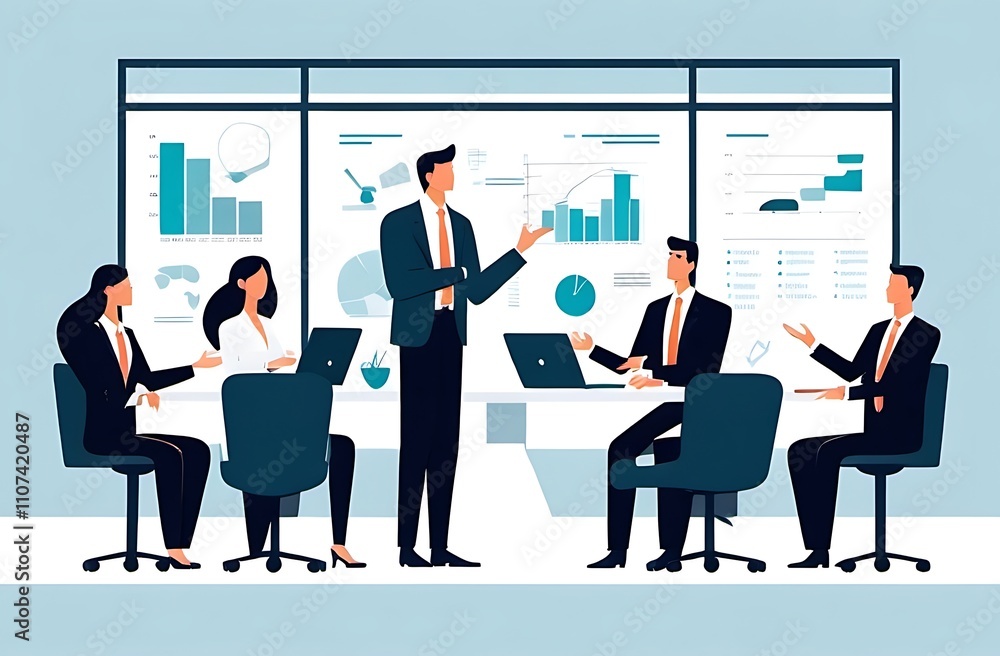 A flat design illustration of a business leader giving clear tactical instructions to their team, who are executing the plan in a modern, open office environment. A flat design illustration of a business leader giving clear tactical instructions to their team, who are executing the plan in a modern, open office environment.