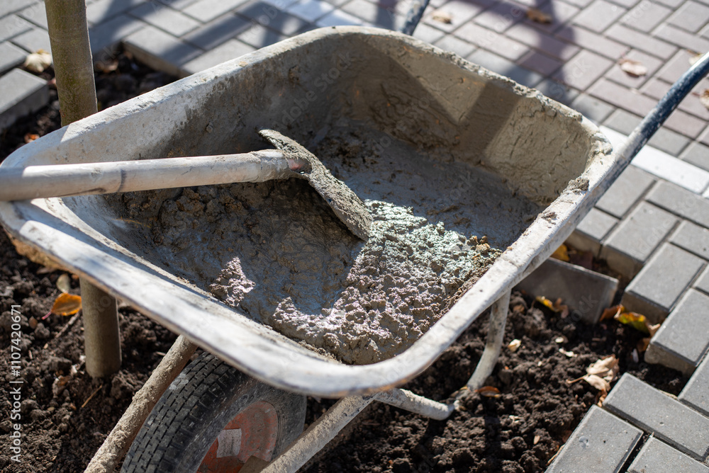 Sidewalk Repair with Wheelbarrow, Concrete, Shovel, and Paving Blocks, Urban Construction Scene