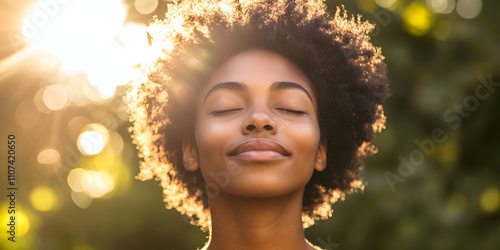 Woman's Face Illuminated with Sparkling Golden Light photo