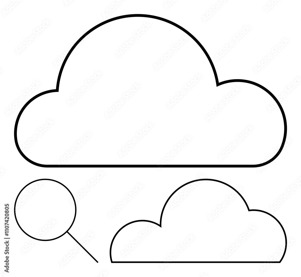 Fototapeta premium Large cloud shape with magnifying glass examining a smaller cloud elements. Ideal for technology, weather forecasting, data storage, cloud computing, analysis concepts, educational materials