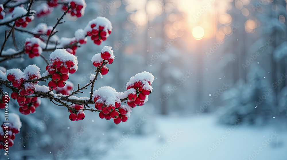beautiful winter christmas background with branches and red berries covered with snow in the forest