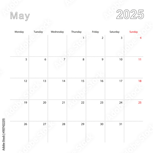 Simple wall calendar for May 2025 with dotted lines. The calendar is in English, week start from Monday.