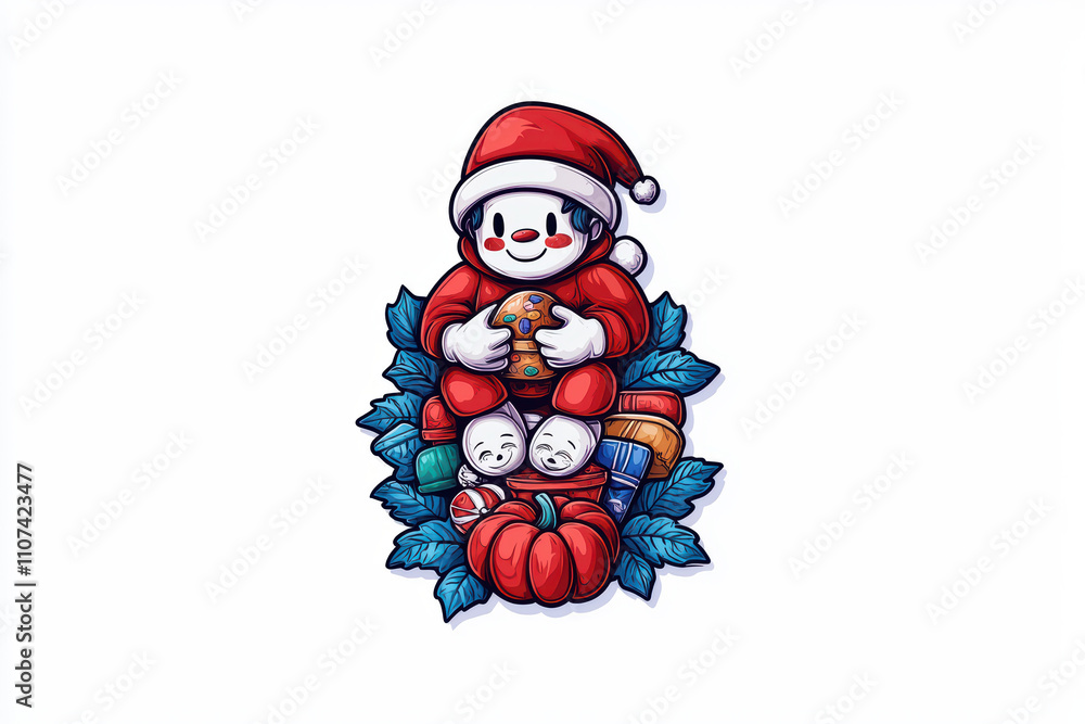 Obraz premium Colorful festive character in Santa attire surrounded by gifts and leaves, holding cookie, evokes joyful holiday spirit