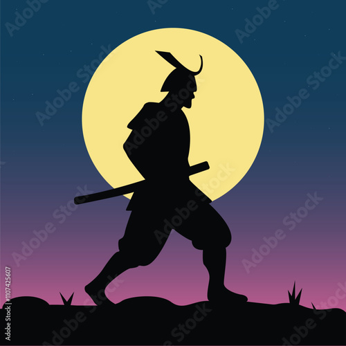 Japanese Samurai walking with sword in night time with big moon behind. Illustration Vector Wallpaper