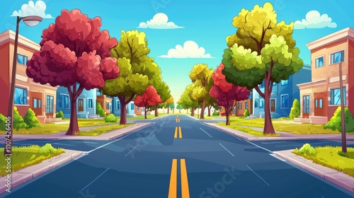 A cartoon suburban street with houses and trees on a sunny day.