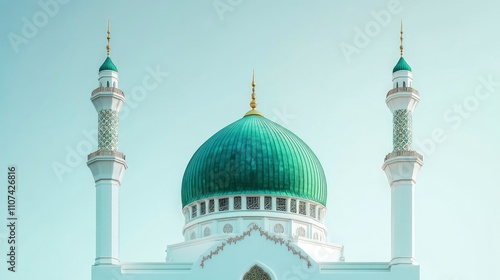 The green dome of the lowered iwan and two minarets, white walls with gold decoration, in the style of photorealism